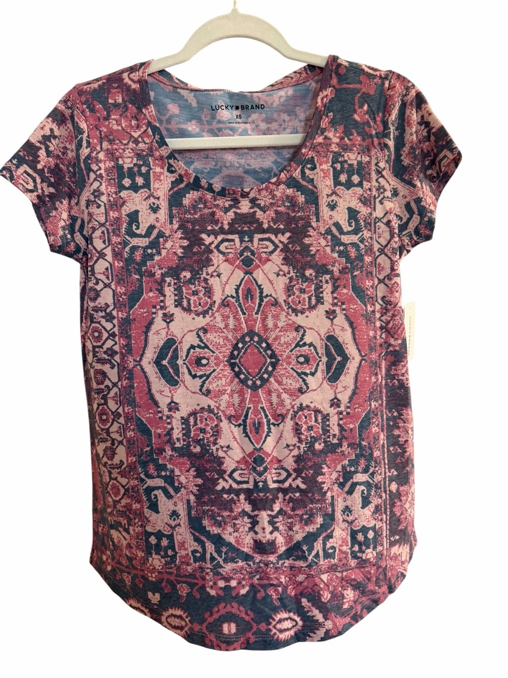 Lucky Brand Pink and Blue Aztec Print Short Sleeve Tee
